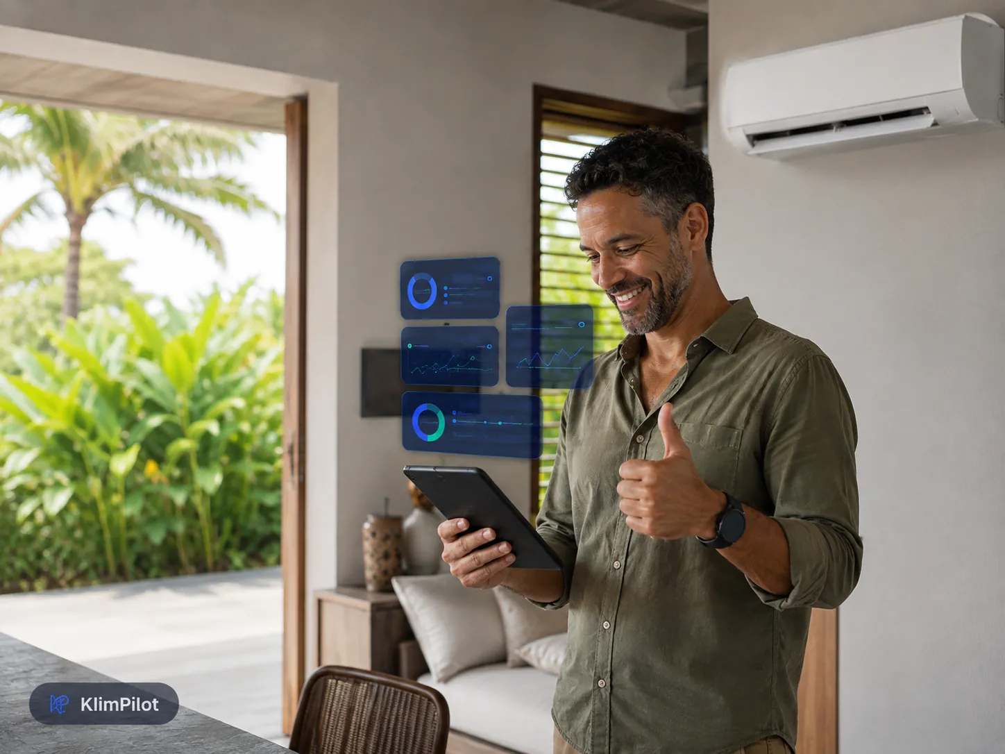 Client satisfait consultant la supervision de ses climatiseurs sur tablette avec KlimPilot